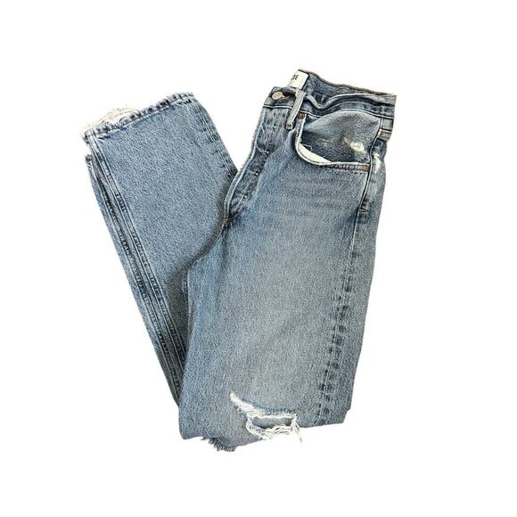 Agolde 90s High Rise Straight Jean Medium Indigo Knee Destruction Size 25 - Picture 9 of 13